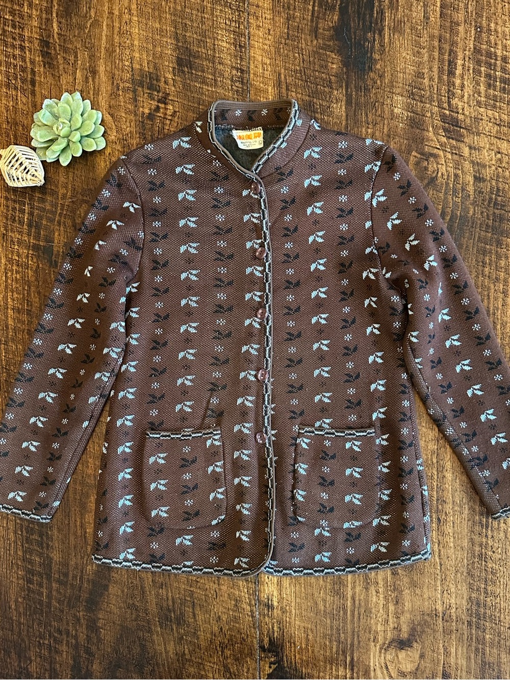 VTG Beauty Co. LTD | Cottagecore Brown Geometric Floral Knit Cardigan Jacket, L